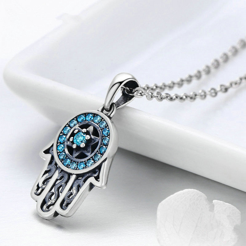 Dazzling Protection: Sterling Silver Hamsa Hand Pendant Necklace