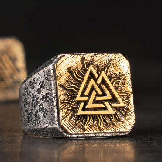 Valknut's Vigor: Silver Nordic Viking Knot Ring with Copper Inlay