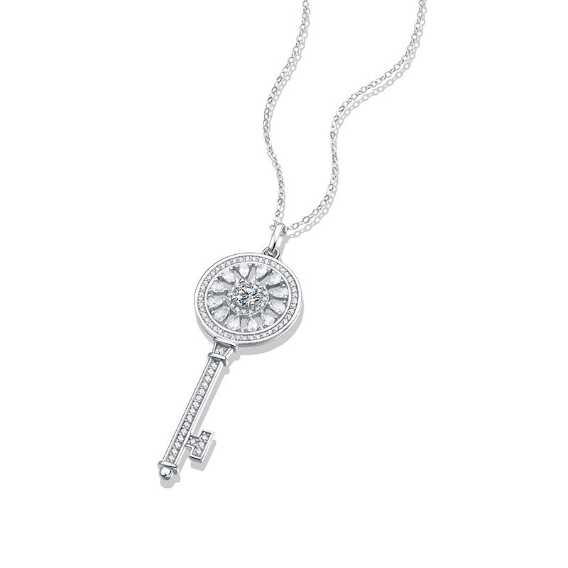 silver and diamond key pendant necklace three