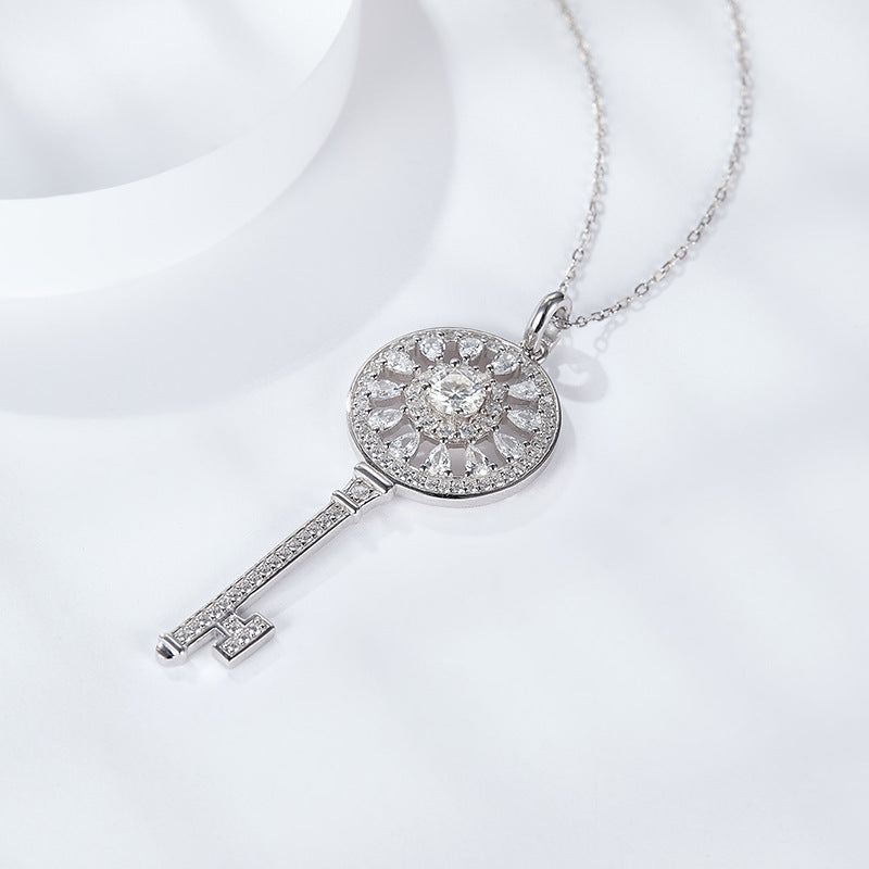 silver and diamond key pendant necklace